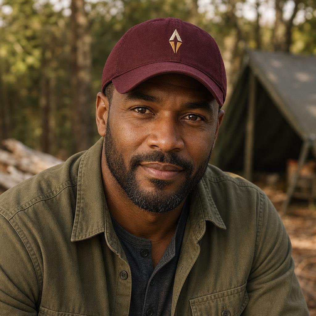 The Field Guide wearing a maroon branded outdoor cap